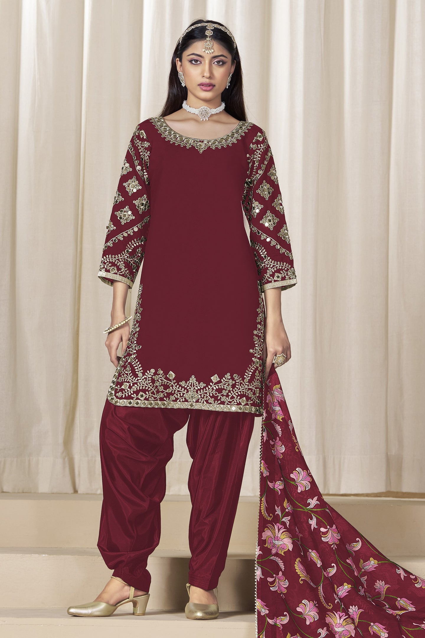 Maroon Chinon Silk Pakistani Skirt Suits for Weddings with Zari Work