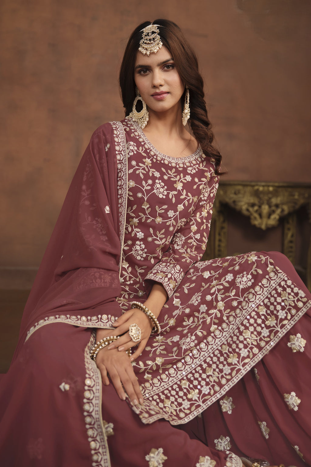 Maroon Georgette Sharara Suit for Women with Sequins Embroidery