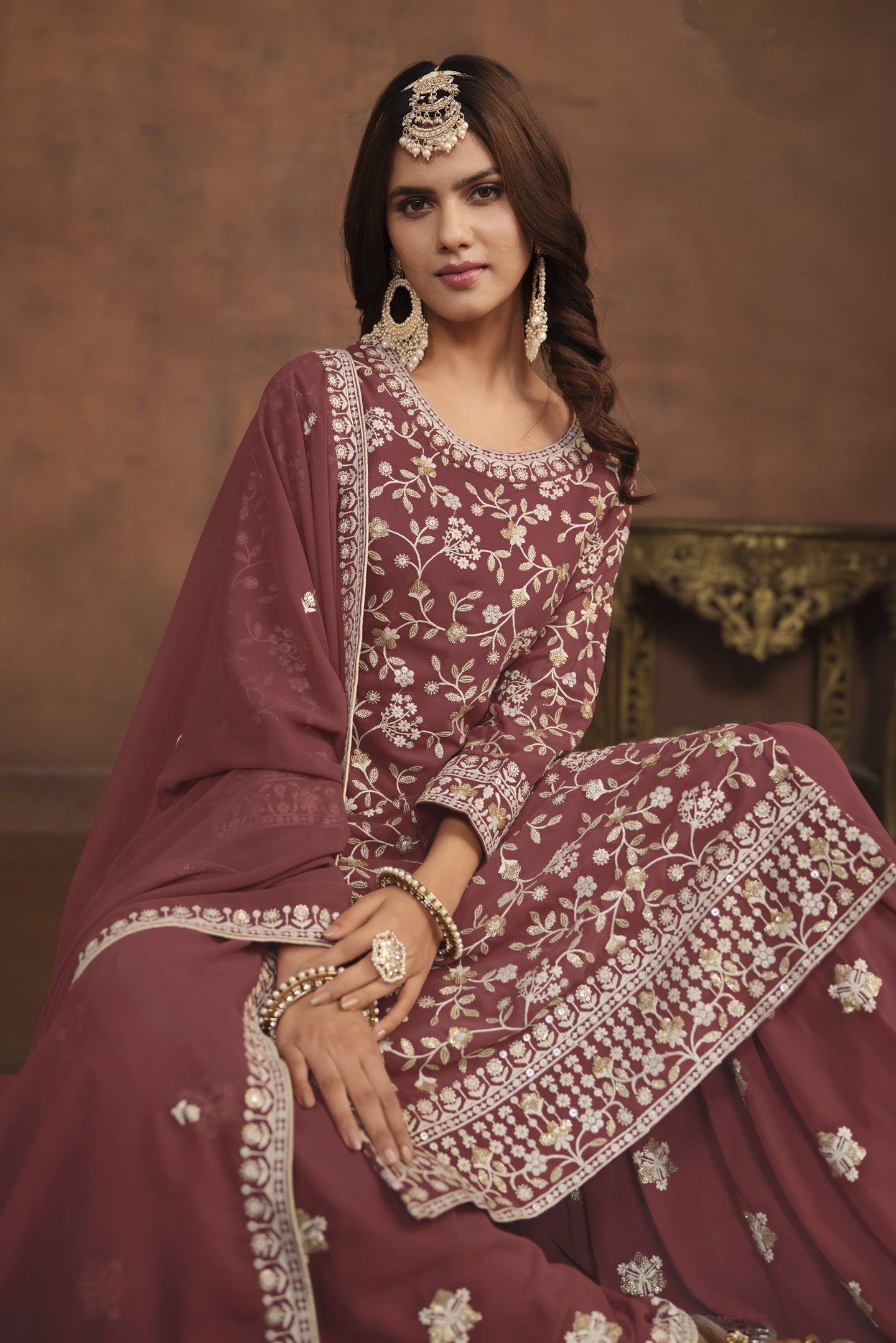 Maroon Georgette Sharara Suit for Women with Sequins Embroidery