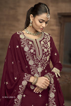 Maroon Vichitra Silk Embroidered Pakistani Skirt Suit