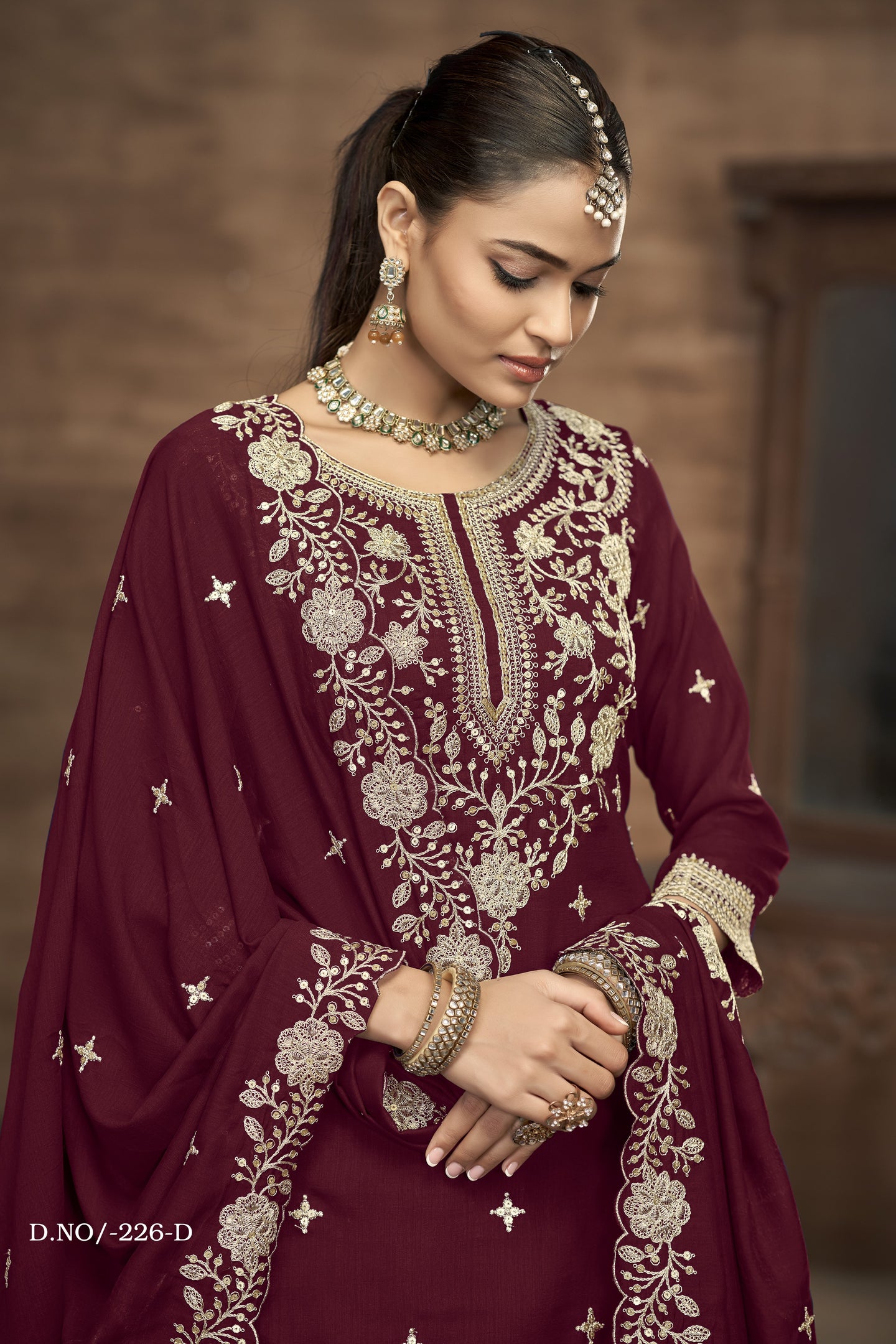 Maroon Vichitra Silk Embroidered Pakistani Skirt Suit