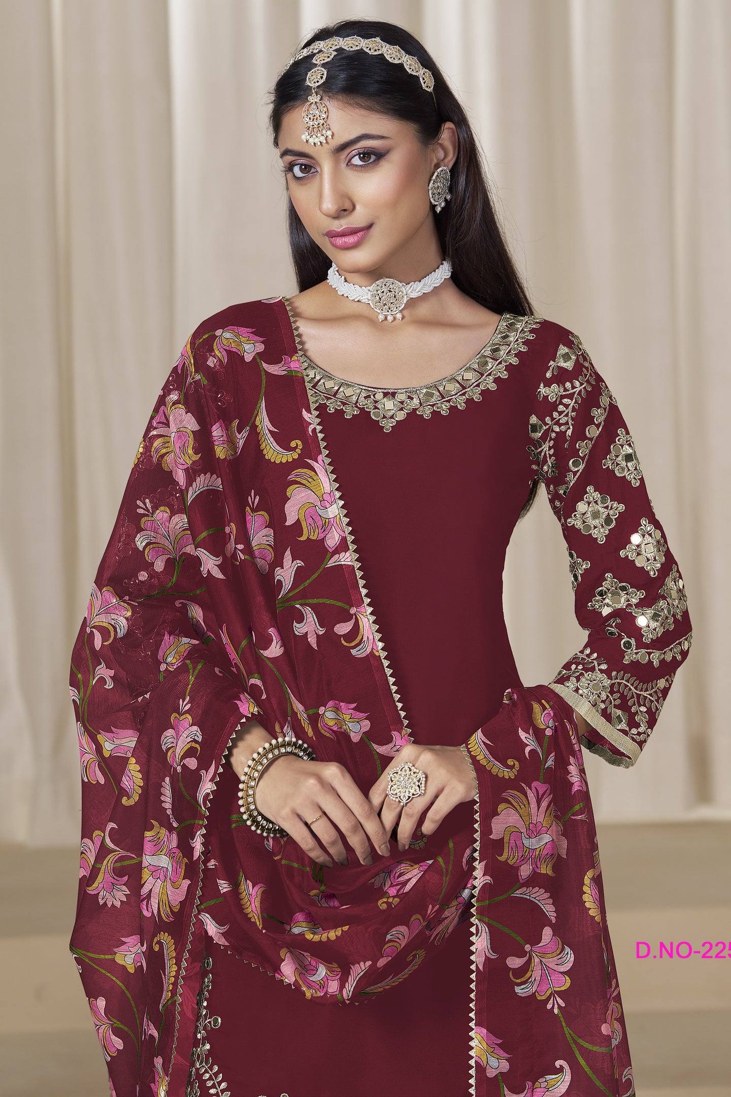 Maroon Chinon Silk Pakistani Skirt Suits for Weddings with Zari Work