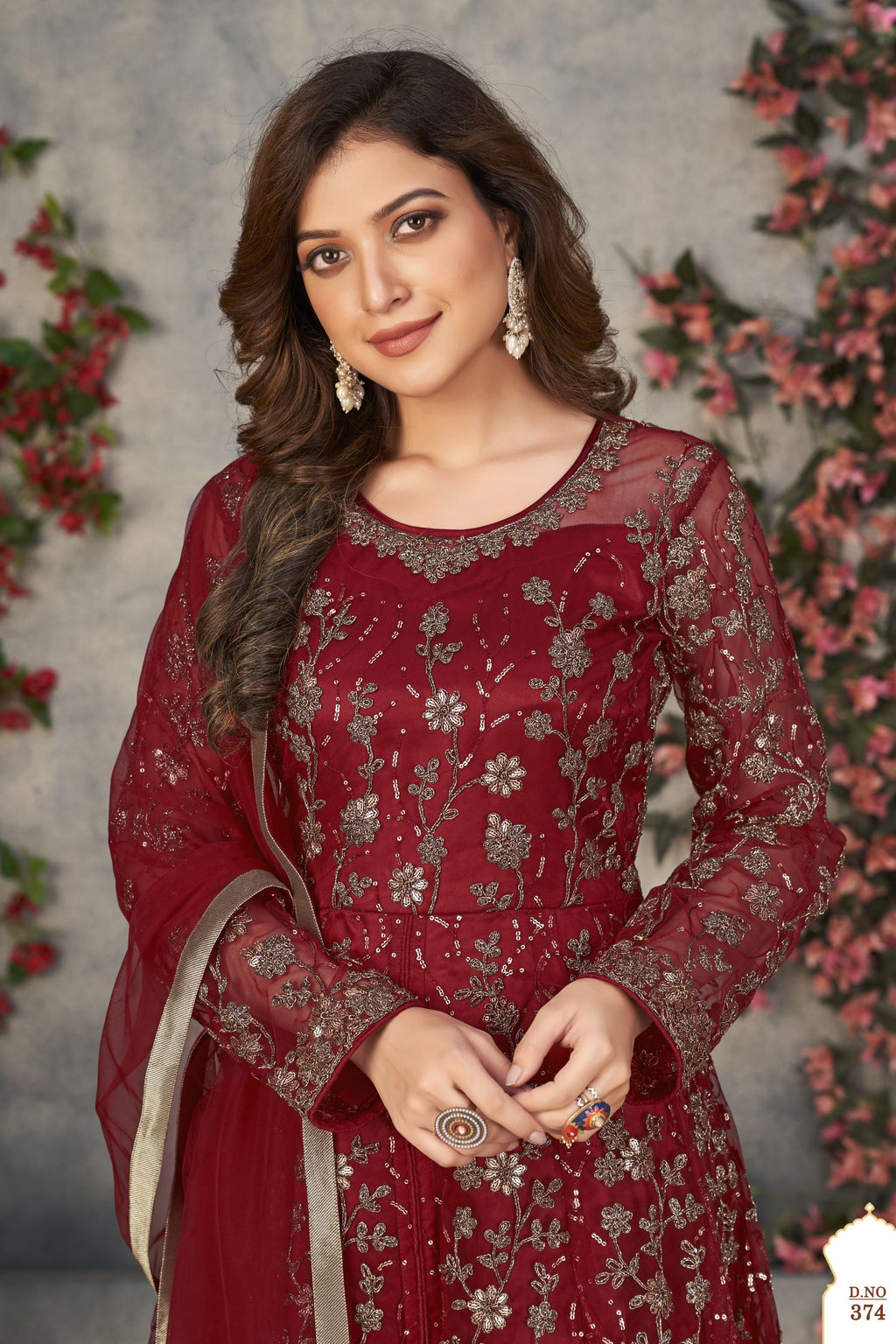 Maroon Net Anarkali Dress for Women with Thread and Sequins Embroidery