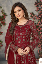 Maroon Net Anarkali Dress for Women with Thread and Sequins Embroidery
