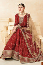 Maroon Taffeta Silk Gown Dress for Ladies with Embroidery