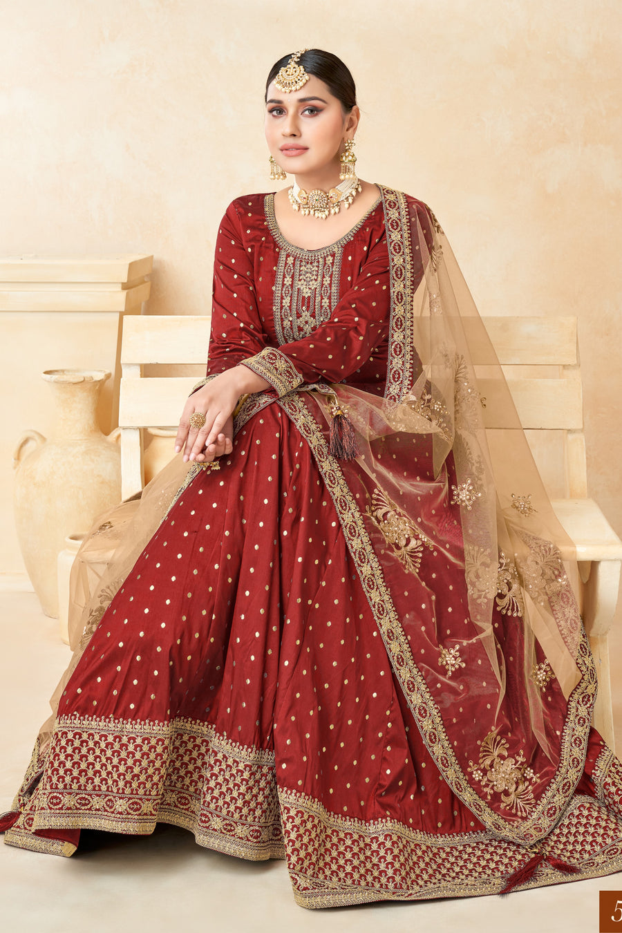 Maroon Taffeta Silk Gown Dress for Ladies with Embroidery