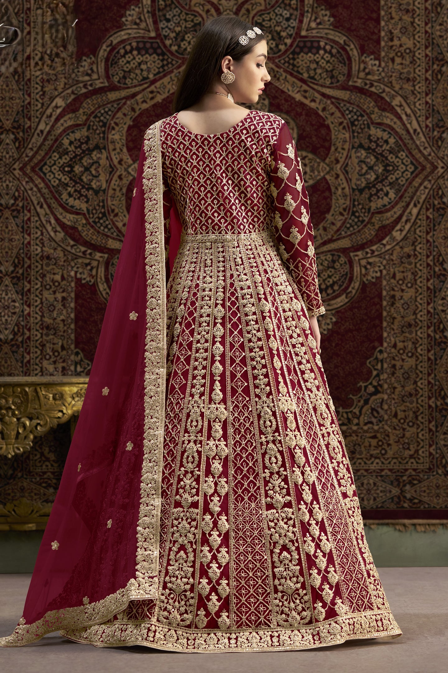 Maroon Net Dori Work Anarkali Suits for Wedding