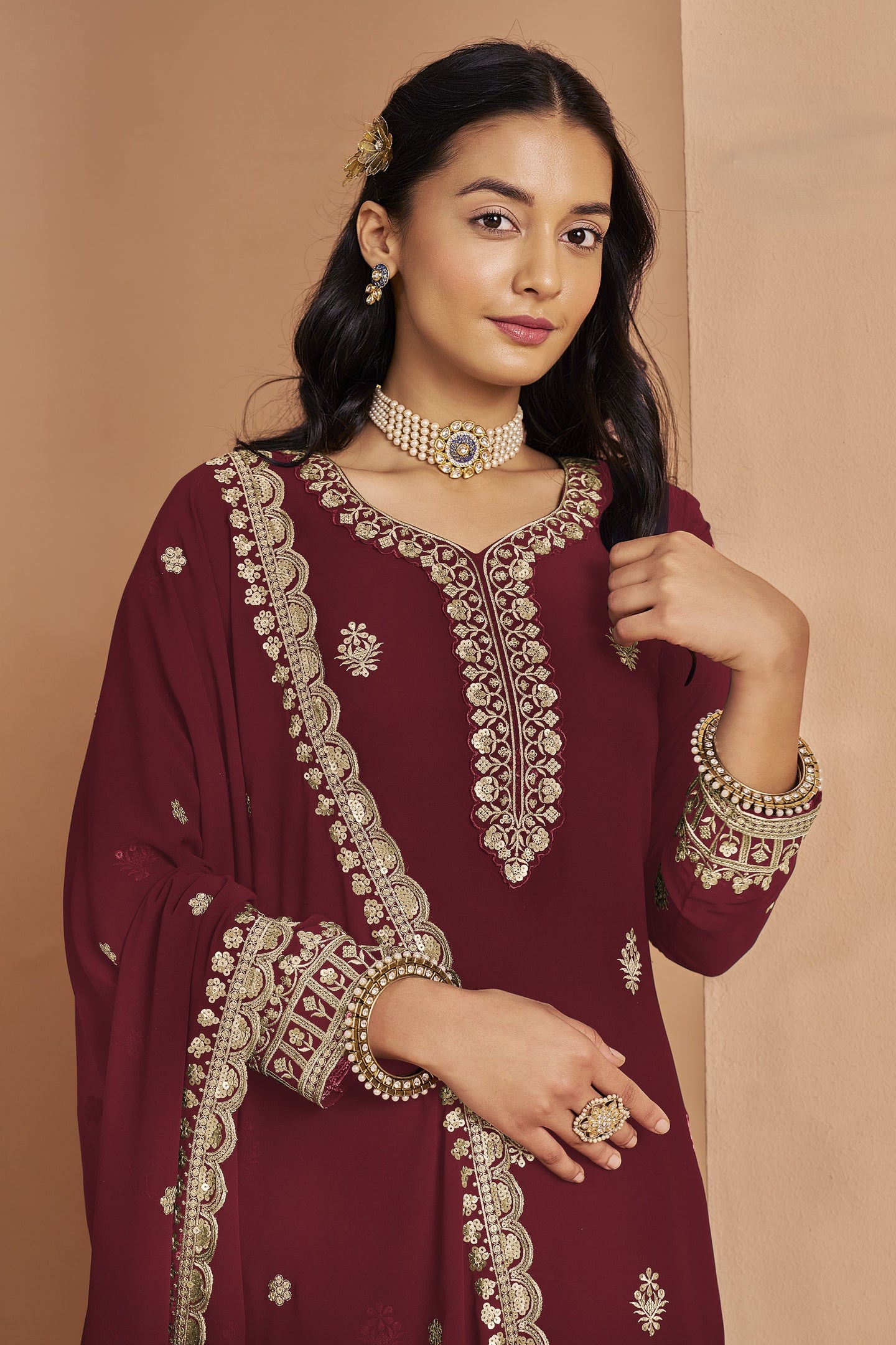 Maroon Georgette Thread and Sequins Work Latest Plazo Design for Wedding