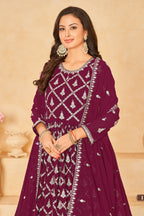 Maroon Georgette Anarkali Wear with Sequins and Thread Embroidery Work