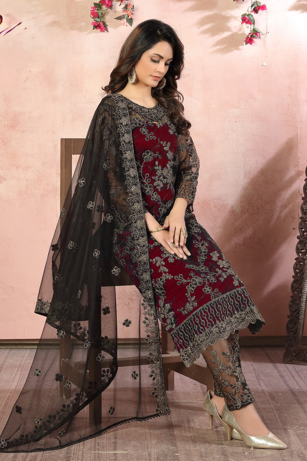 Maroon Net Traditional Pakistani Clothing Kameez with Pant