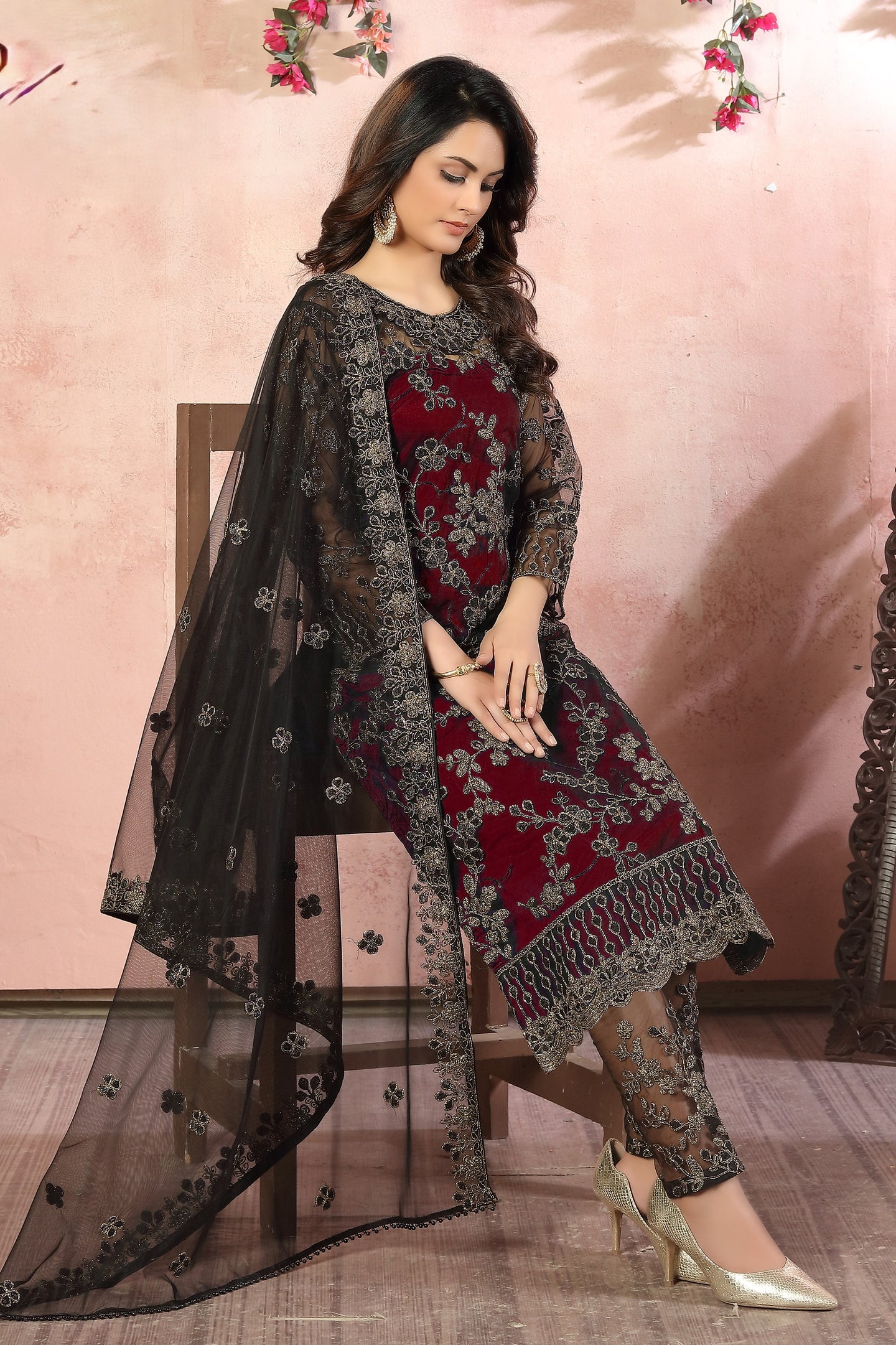 Maroon Net Traditional Pakistani Clothing Kameez with Pant