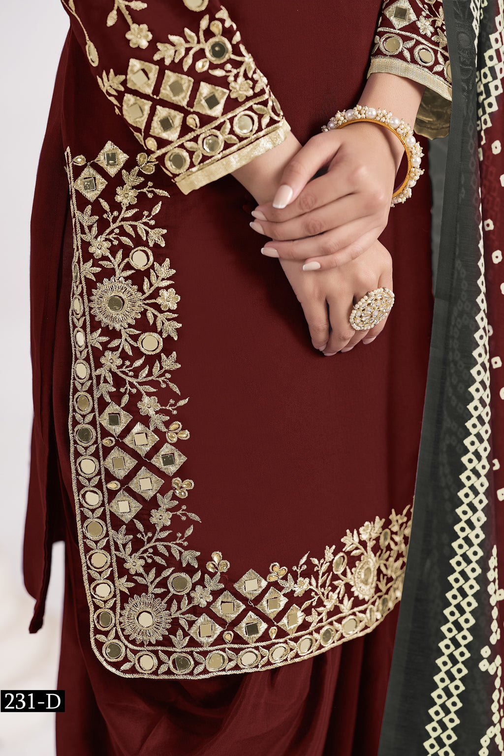 Maroon Chinon Silk Wedding Salwar Kameez with Zari and Mirror Work