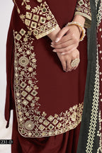 Maroon Chinon Silk Wedding Salwar Kameez with Zari and Mirror Work