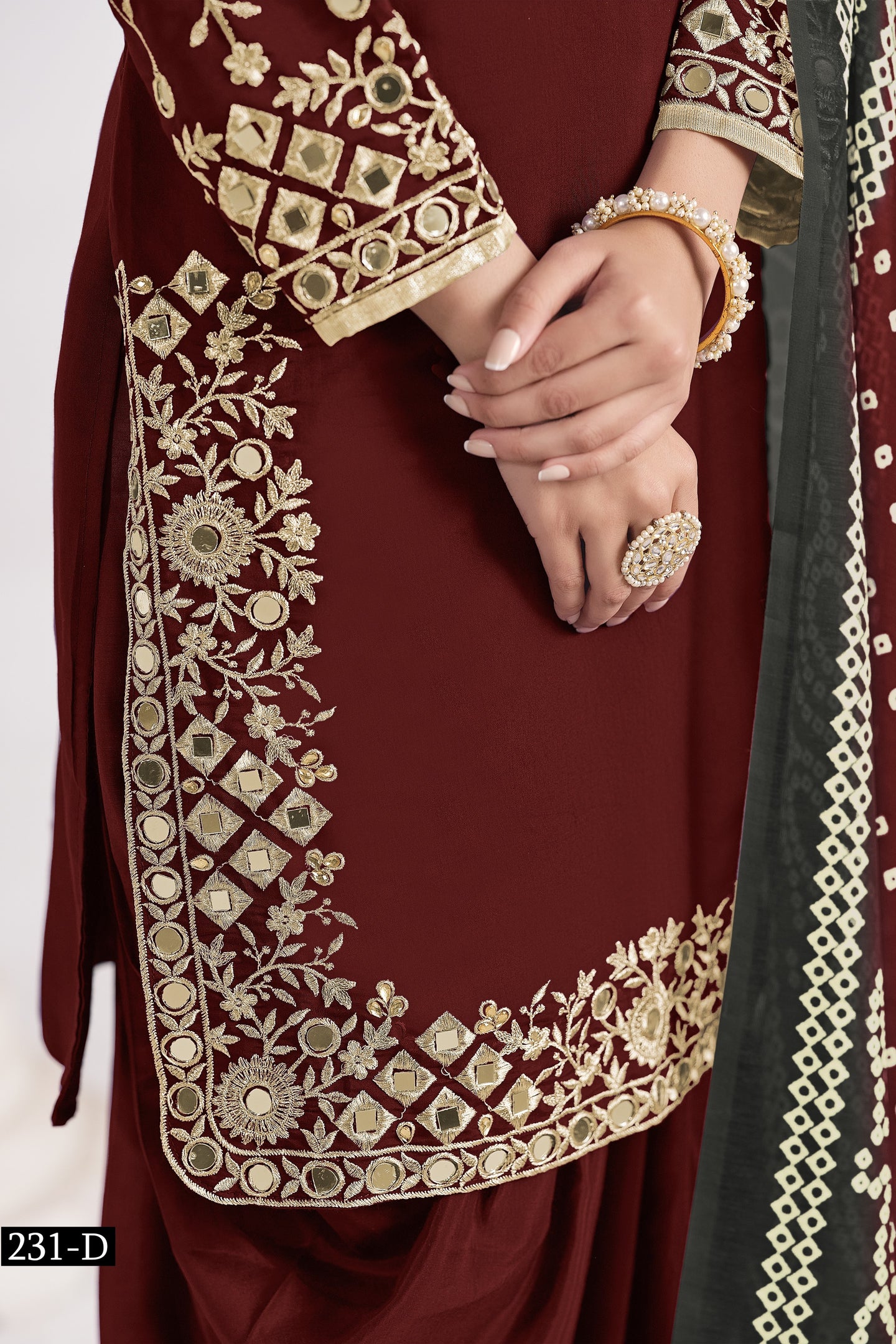 Maroon Chinon Silk Wedding Salwar Kameez with Zari and Mirror Work