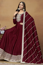 Maroon Art Silk Plain Anarkali Suit with Sequins Work