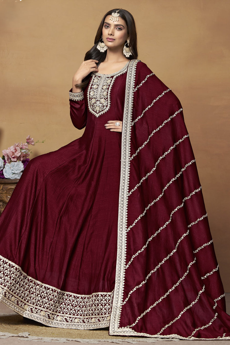Maroon Art Silk Plain Anarkali Suit with Sequins Work