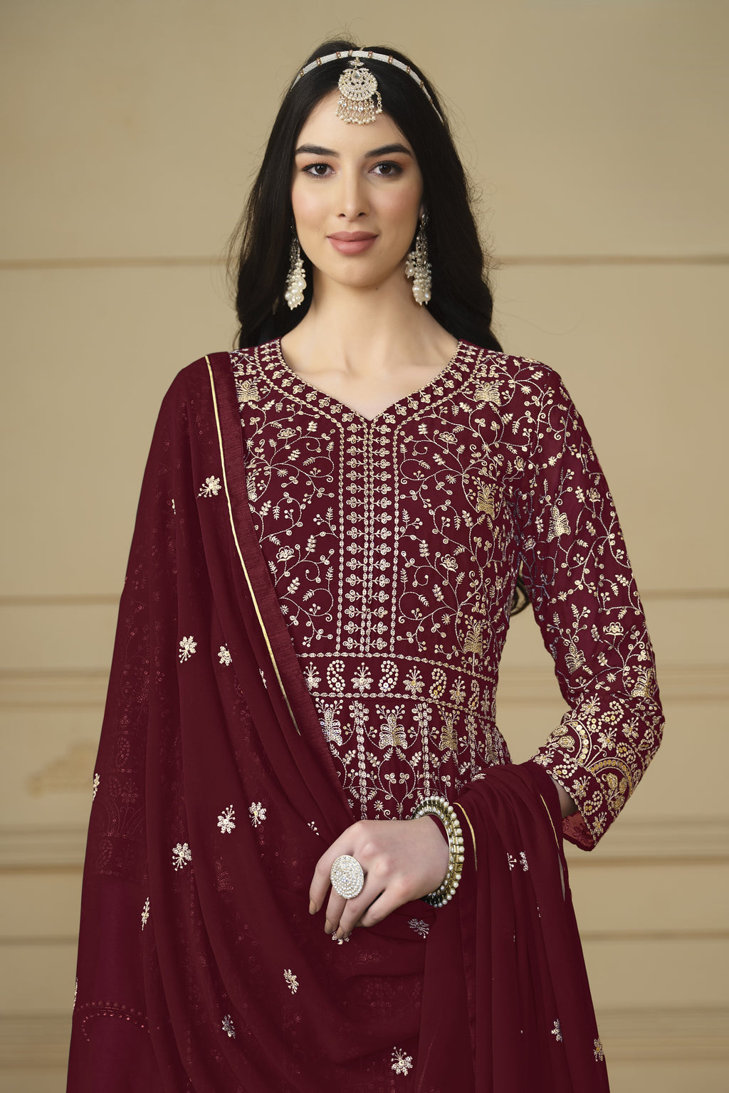 Maroon Georgette Anarkali Dress with Thread and Sequins Embroidery