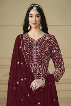 Maroon Georgette Anarkali Dress with Thread and Sequins Embroidery