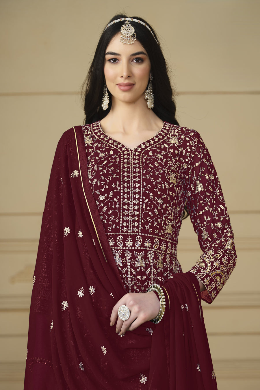 Maroon Georgette Anarkali Dress with Thread and Sequins Embroidery