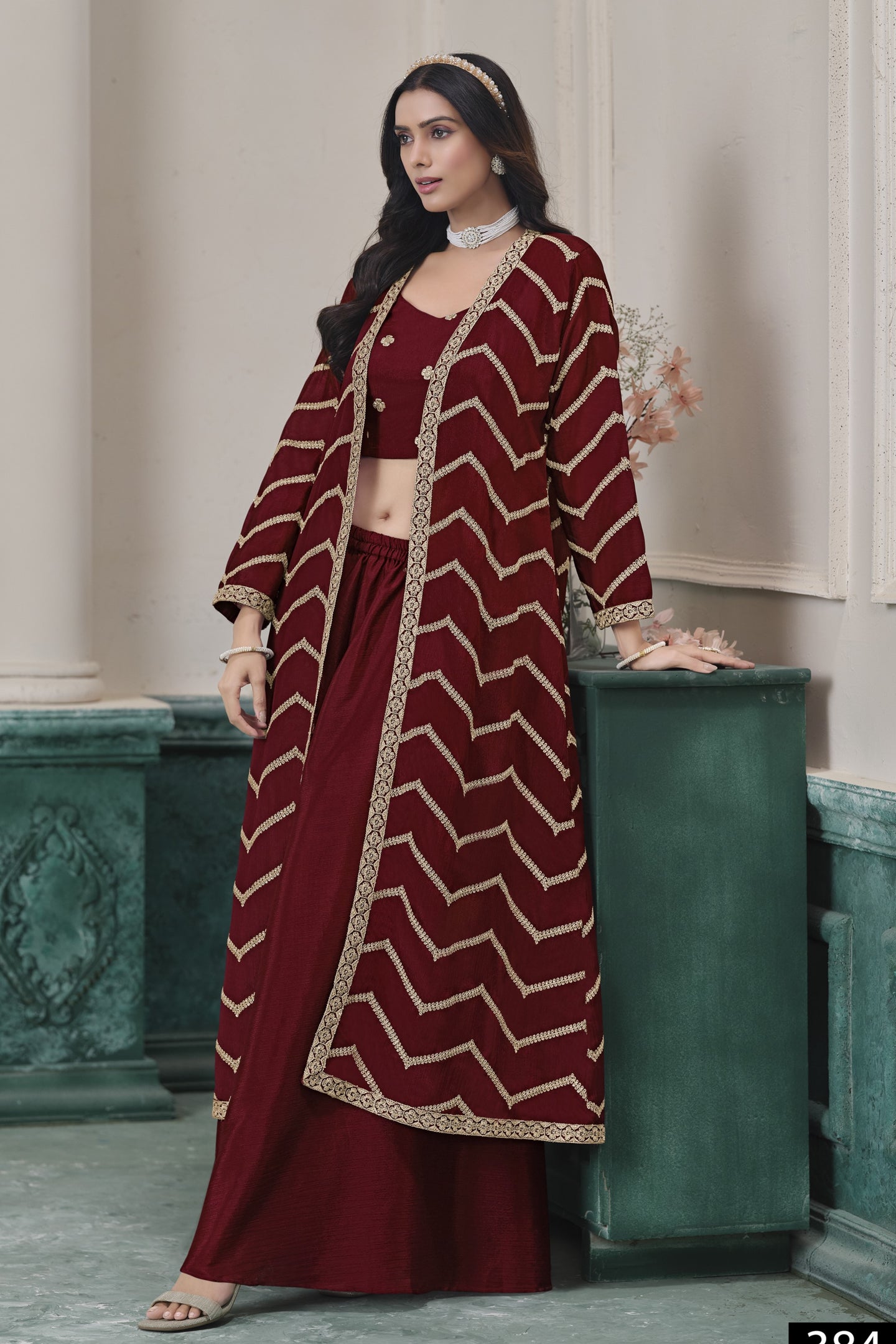 Maroon Chinon Silk Crop Top with Jacket and Palazzo with Thread Work