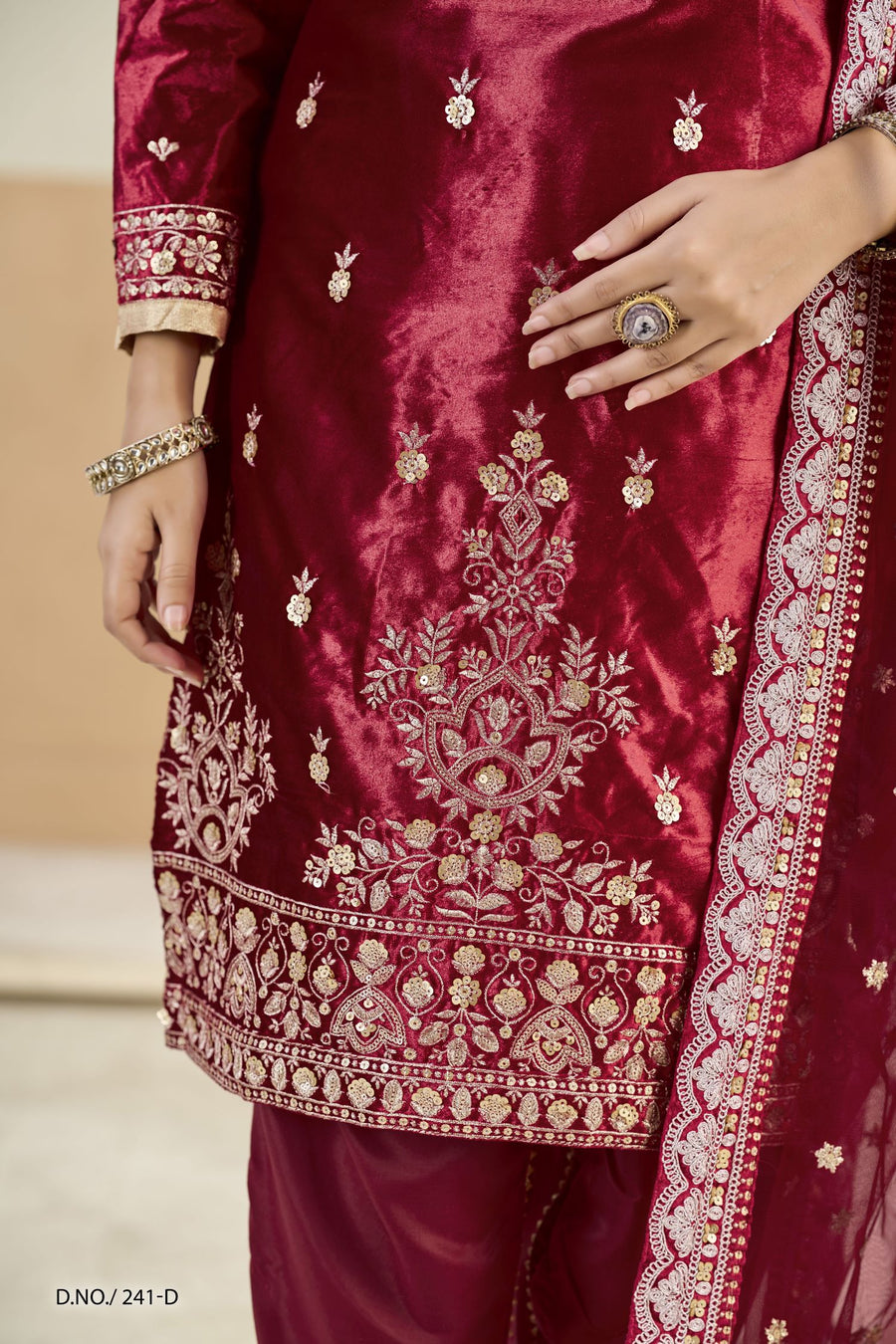 Maroon Velvet Suit Women for Weddings with Sequins Zari Work