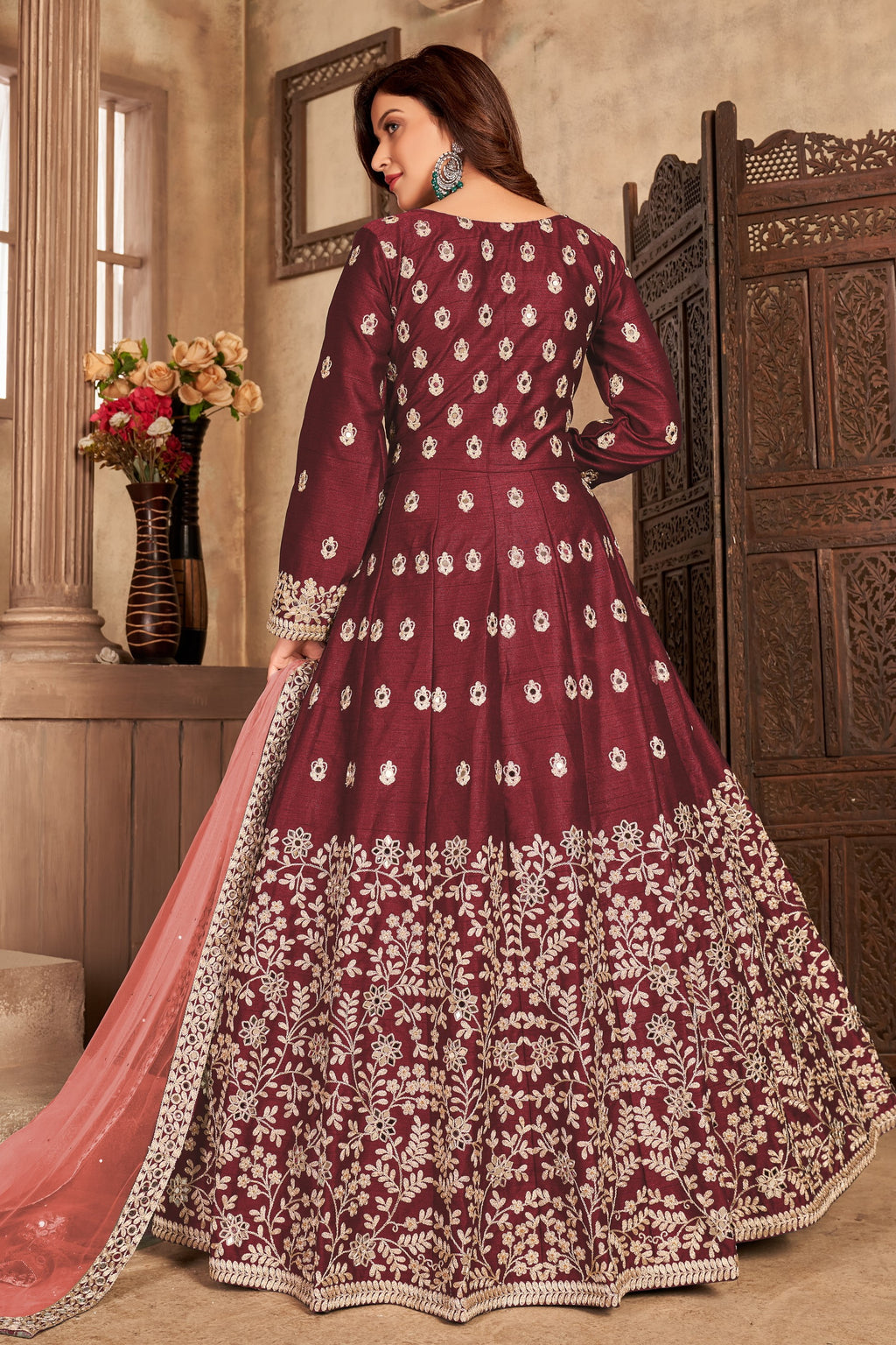 Maroon Art Silk Indian Anarkali Dress with Embroidery and Mirror Work