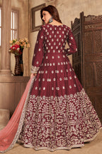 Maroon Art Silk Indian Anarkali Dress with Embroidery and Mirror Work