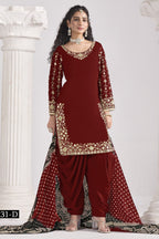 Maroon Chinon Silk Wedding Salwar Kameez with Zari and Mirror Work