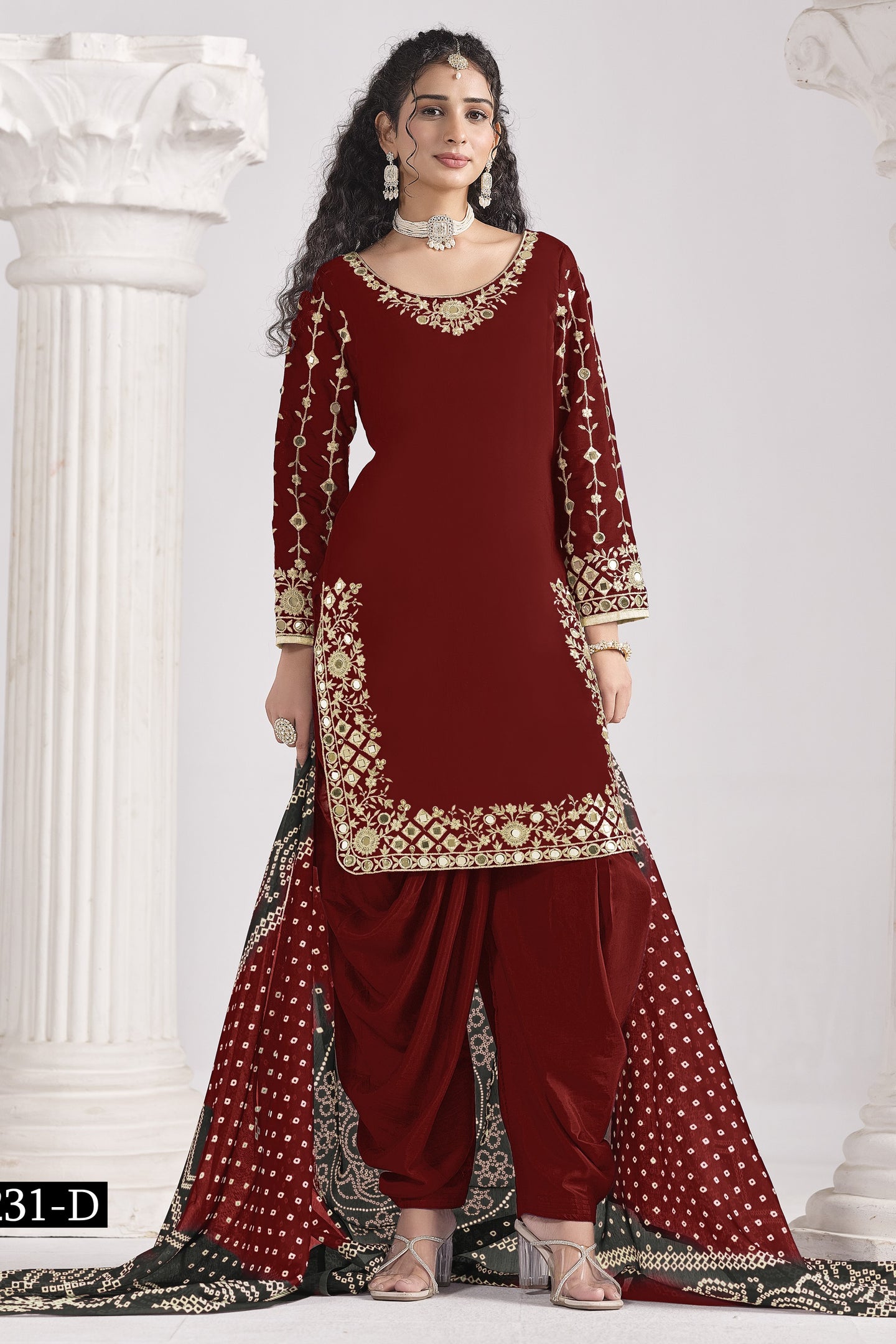 Maroon Chinon Silk Wedding Salwar Kameez with Zari and Mirror Work
