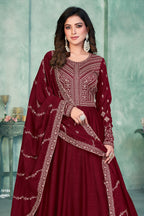 Maroon Art Silk Anarkali Suit for Wedding with Sequins Work