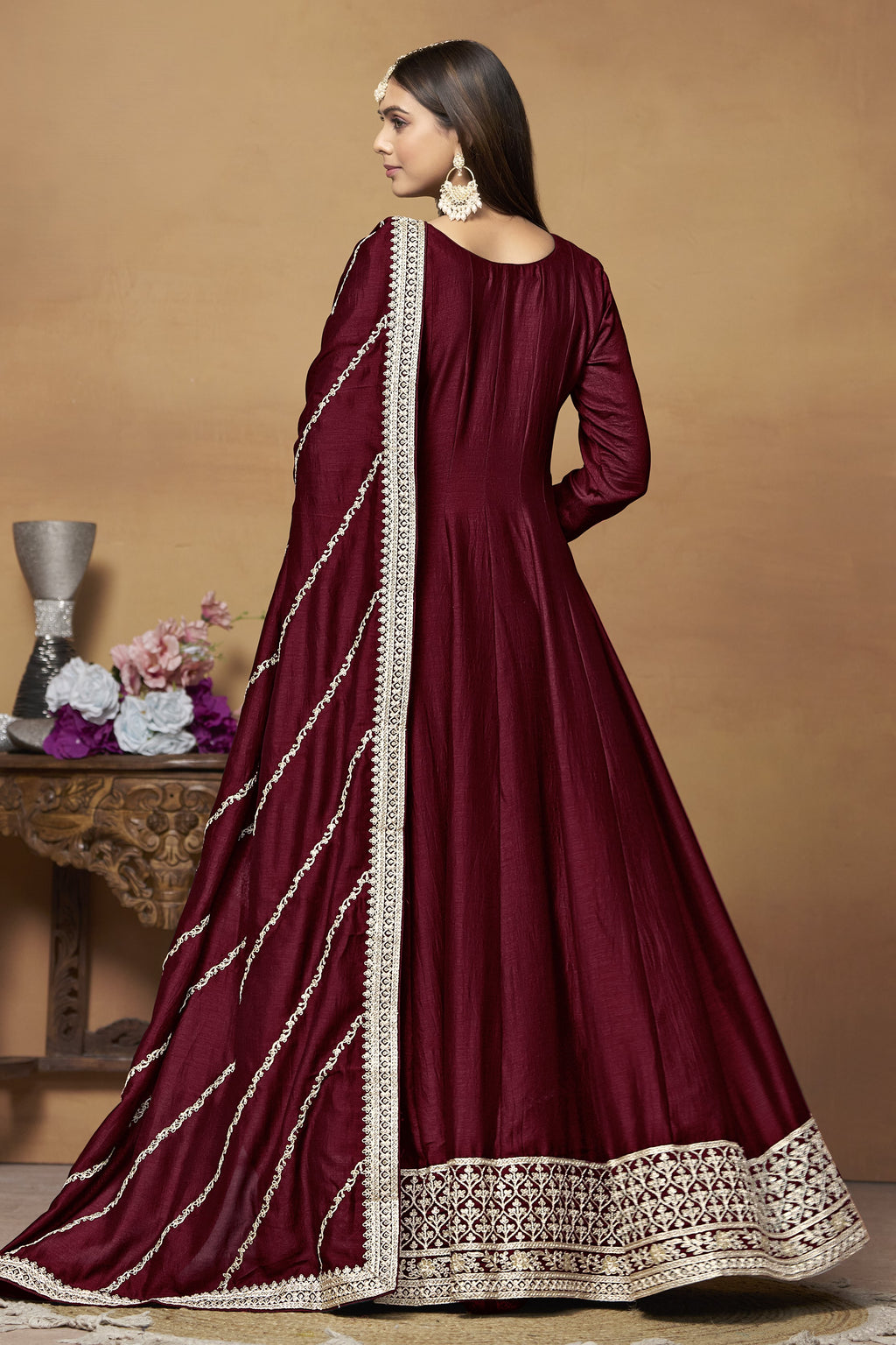 Maroon Art Silk Plain Anarkali Suit with Sequins Work