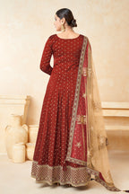 Maroon Taffeta Silk Gown Dress for Ladies with Embroidery