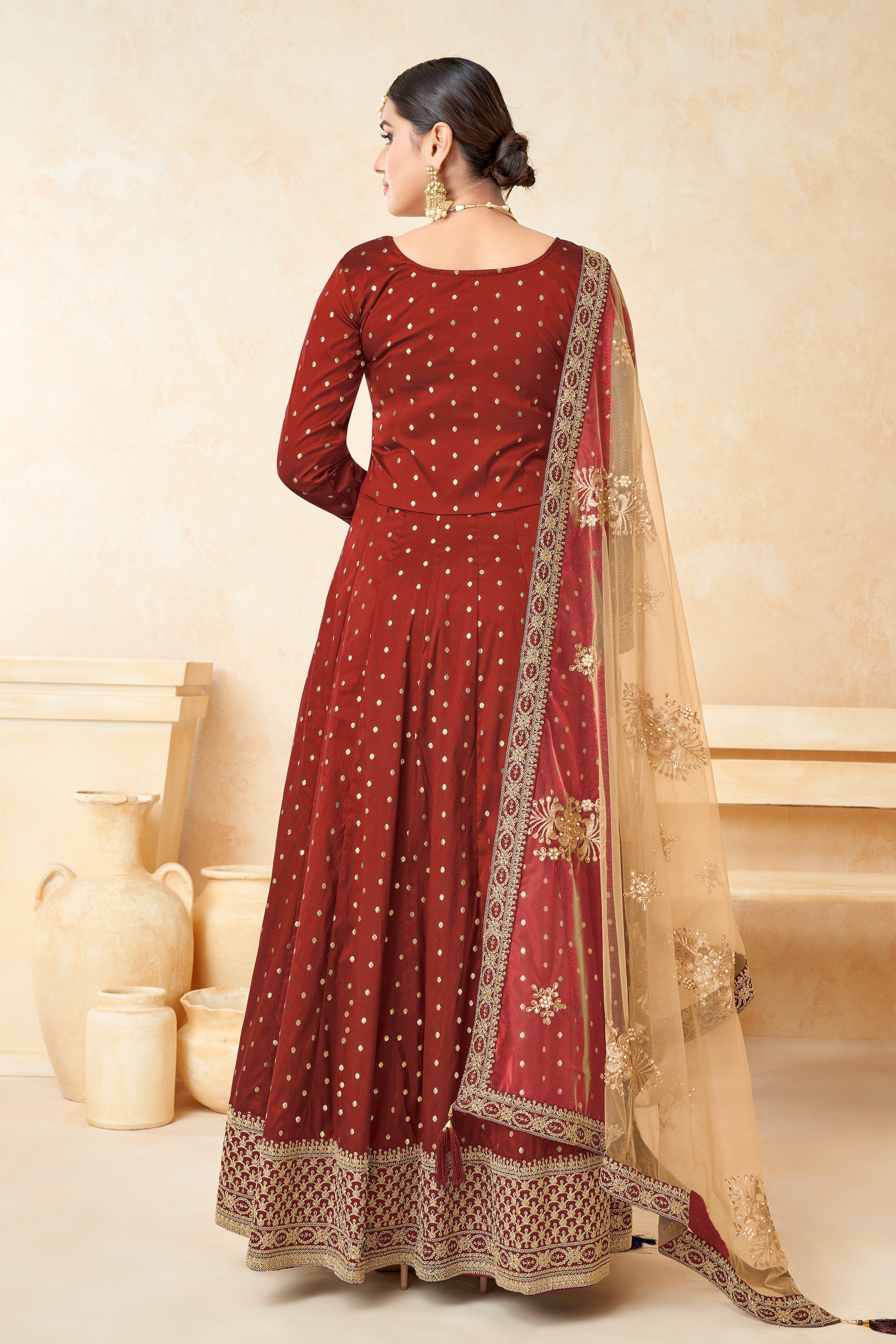 Maroon Taffeta Silk Gown Dress for Ladies with Embroidery
