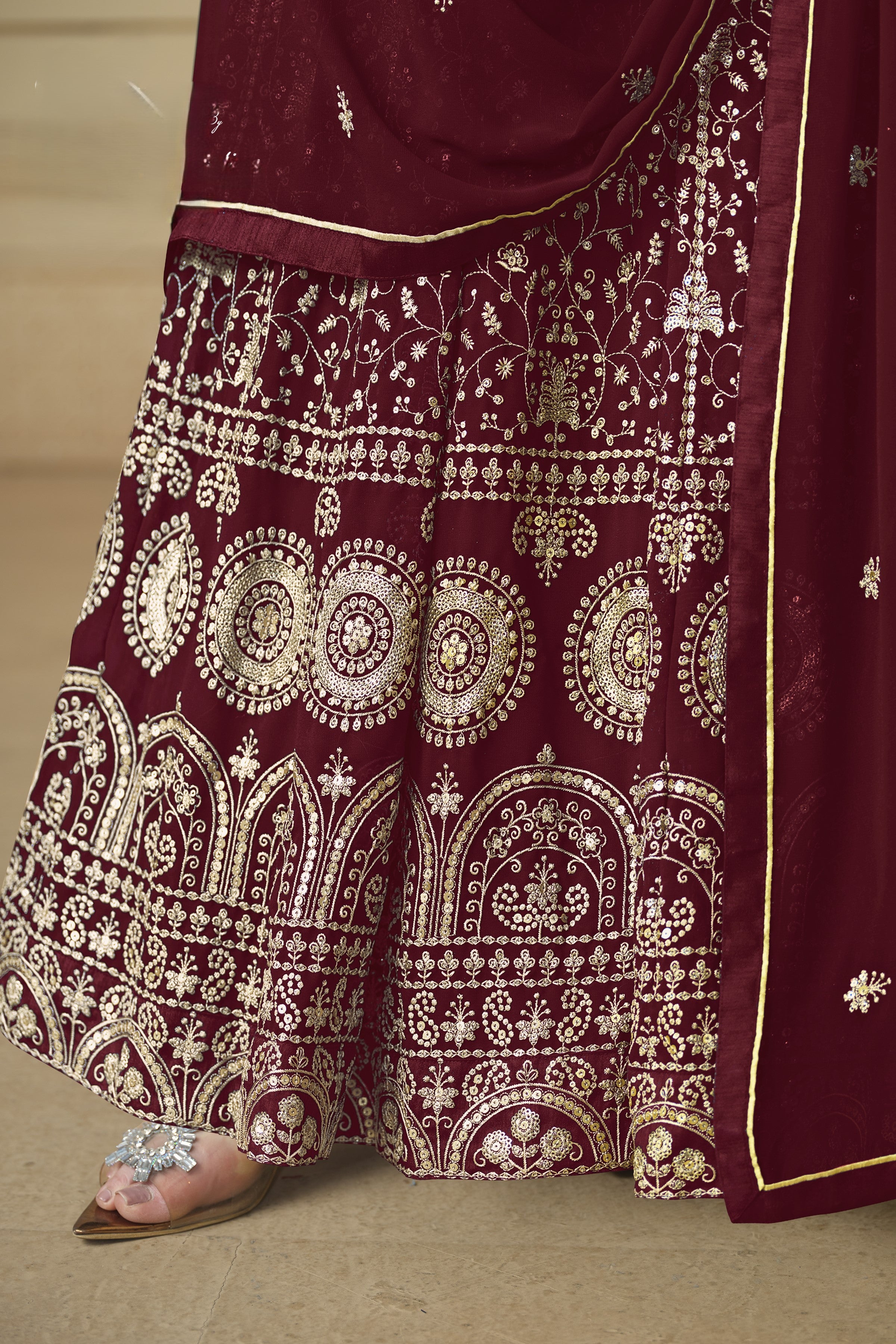 Maroon Georgette Anarkali Dress with Thread and Sequins Embroidery