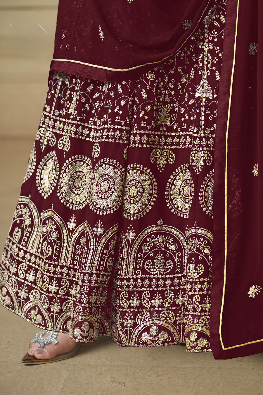 Maroon Georgette Anarkali Dress with Thread and Sequins Embroidery