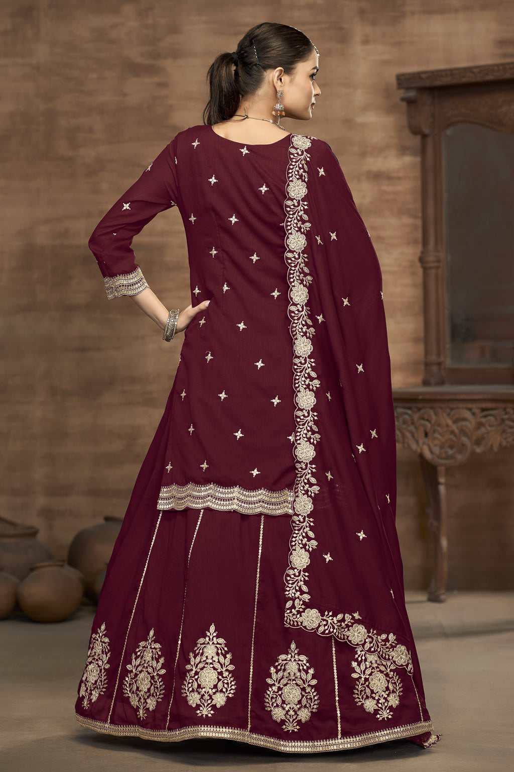 Maroon Vichitra Silk Embroidered Pakistani Skirt Suit