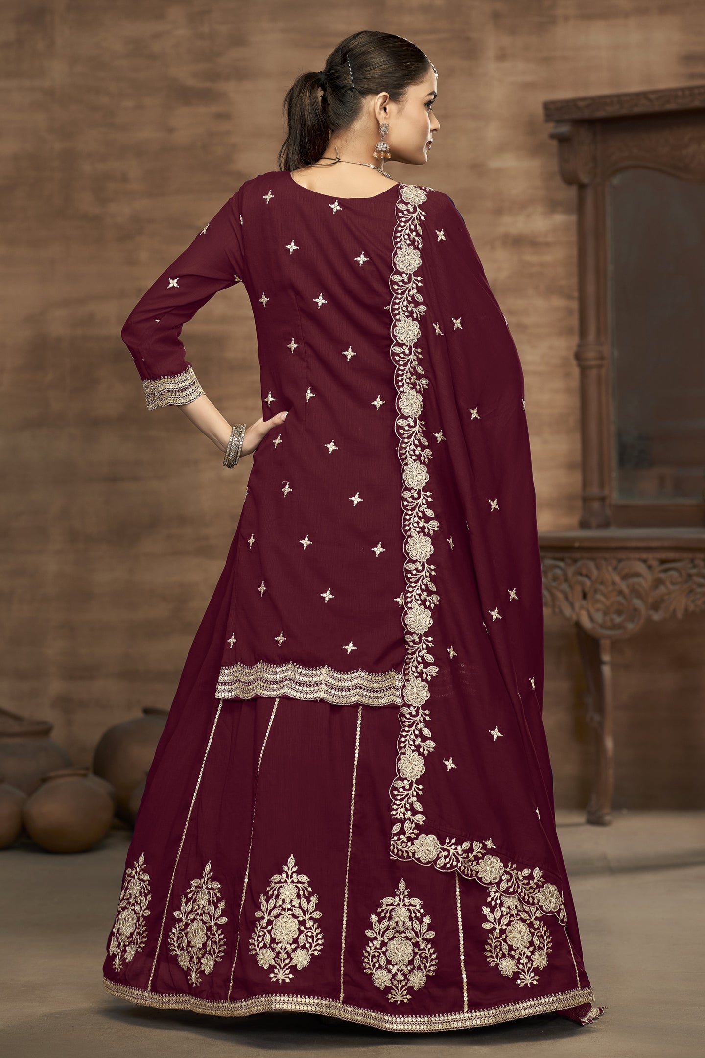 Maroon Vichitra Silk Embroidered Pakistani Skirt Suit