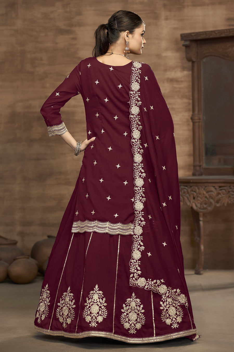 Maroon Vichitra Silk Embroidered Pakistani Skirt Suit