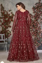 Maroon Net Anarkali Dress for Women with Thread and Sequins Embroidery