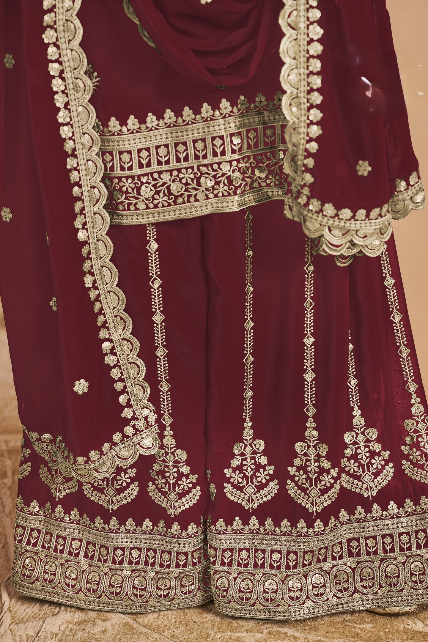 Maroon Georgette Thread and Sequins Work Latest Plazo Design for Wedding