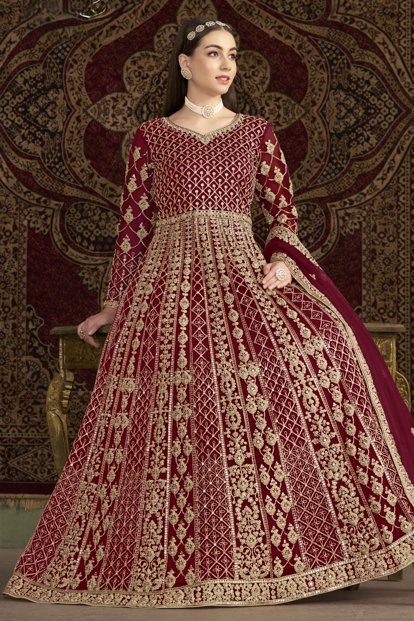 Maroon Net Dori Work Anarkali Suits for Wedding