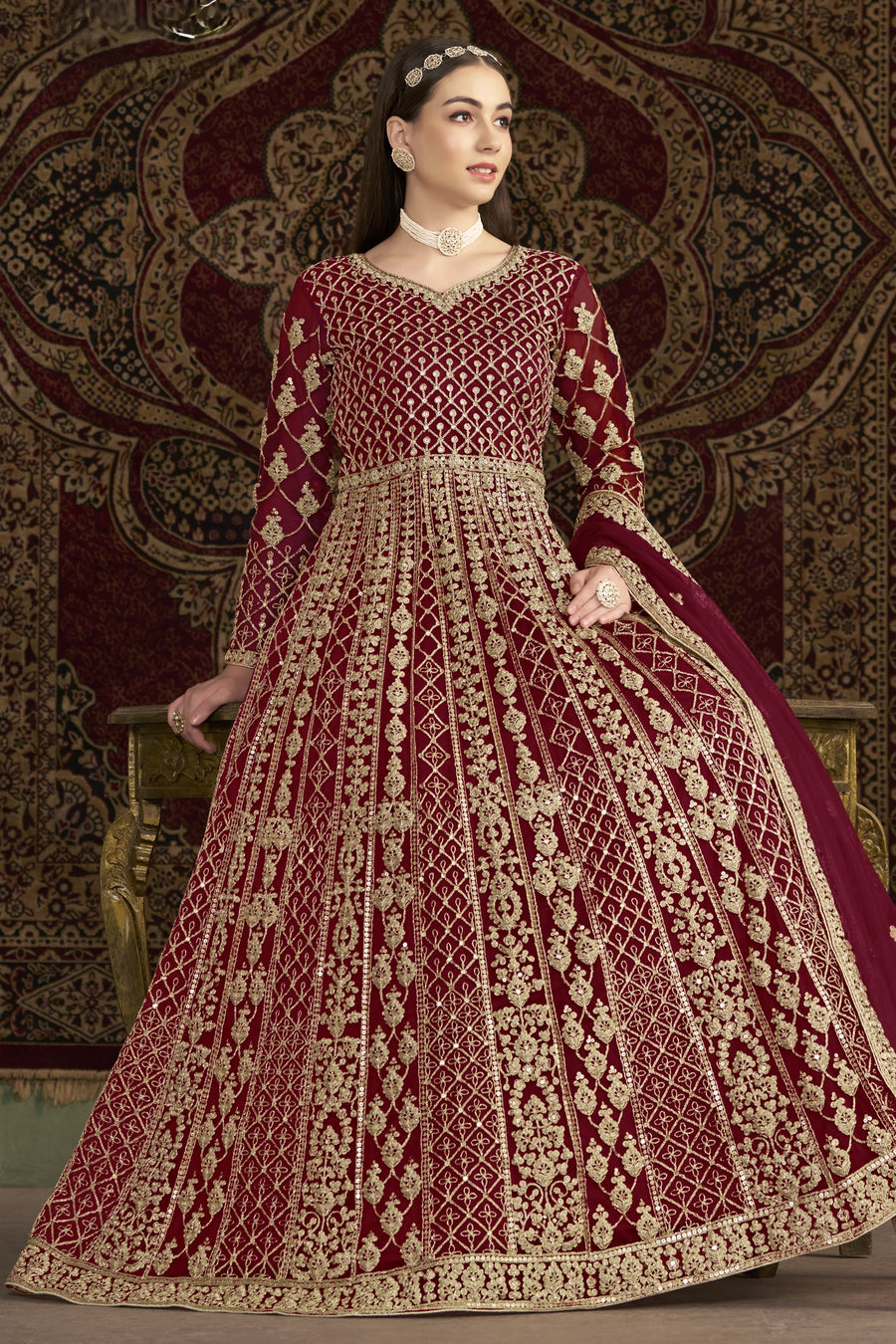 Maroon Net Dori Work Anarkali Suits for Wedding