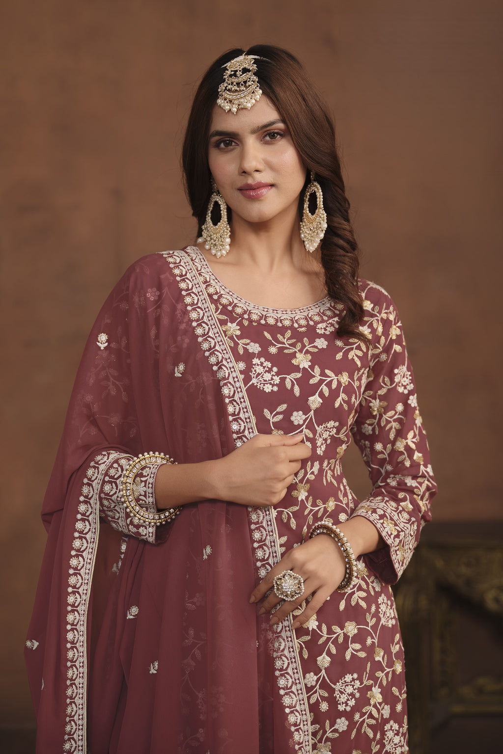 Maroon Georgette Sharara Suit for Women with Sequins Embroidery