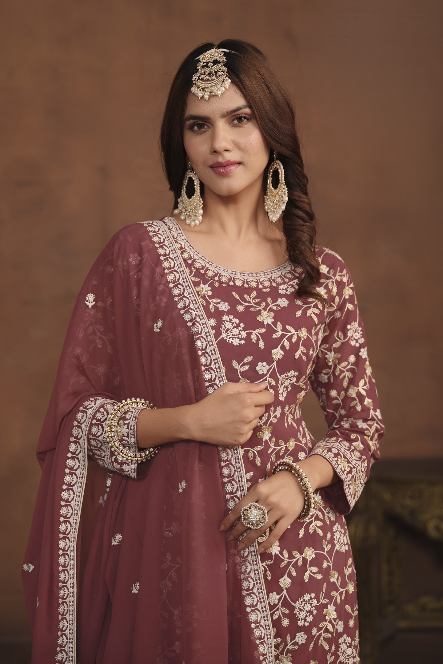 Maroon Georgette Sharara Suit for Women with Sequins Embroidery