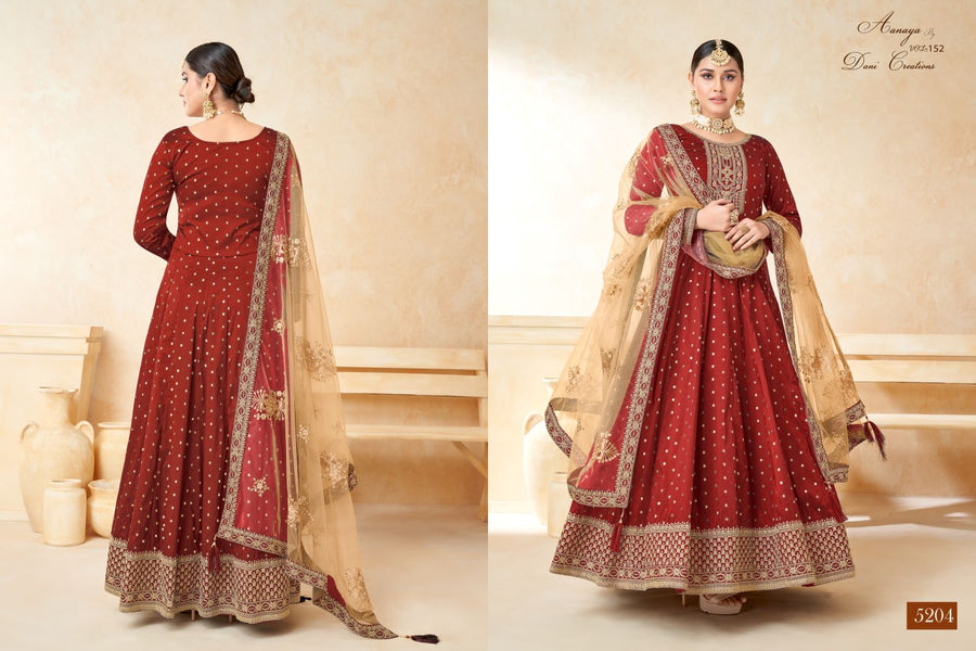 Maroon Taffeta Silk Gown Dress for Ladies with Embroidery