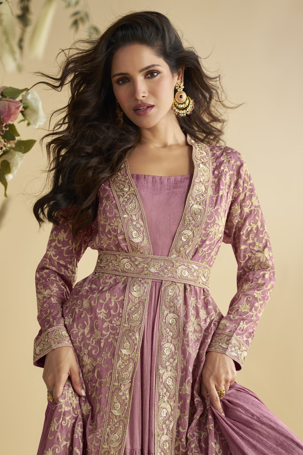 Dark Pink Chinon Silk Anarkali Wear with Jacket and Embroidery