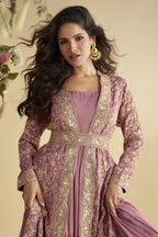 Dark Pink Chinon Silk Anarkali Wear with Jacket and Embroidery