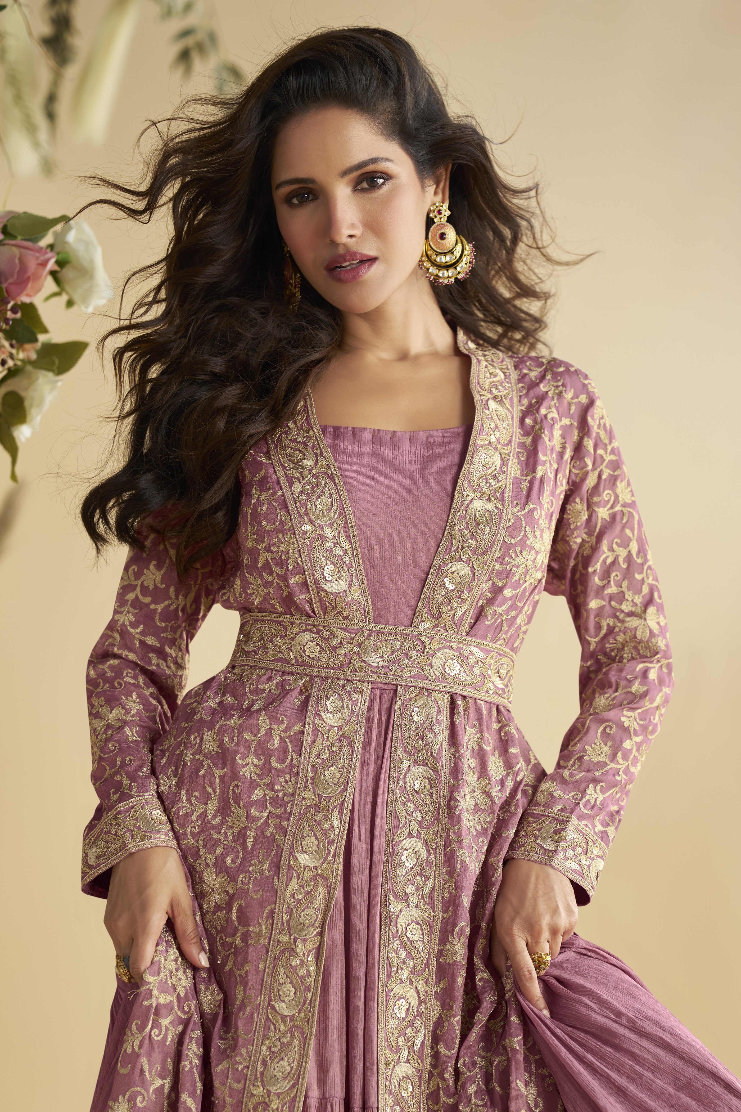 Dark Pink Chinon Silk Anarkali Wear with Jacket and Embroidery