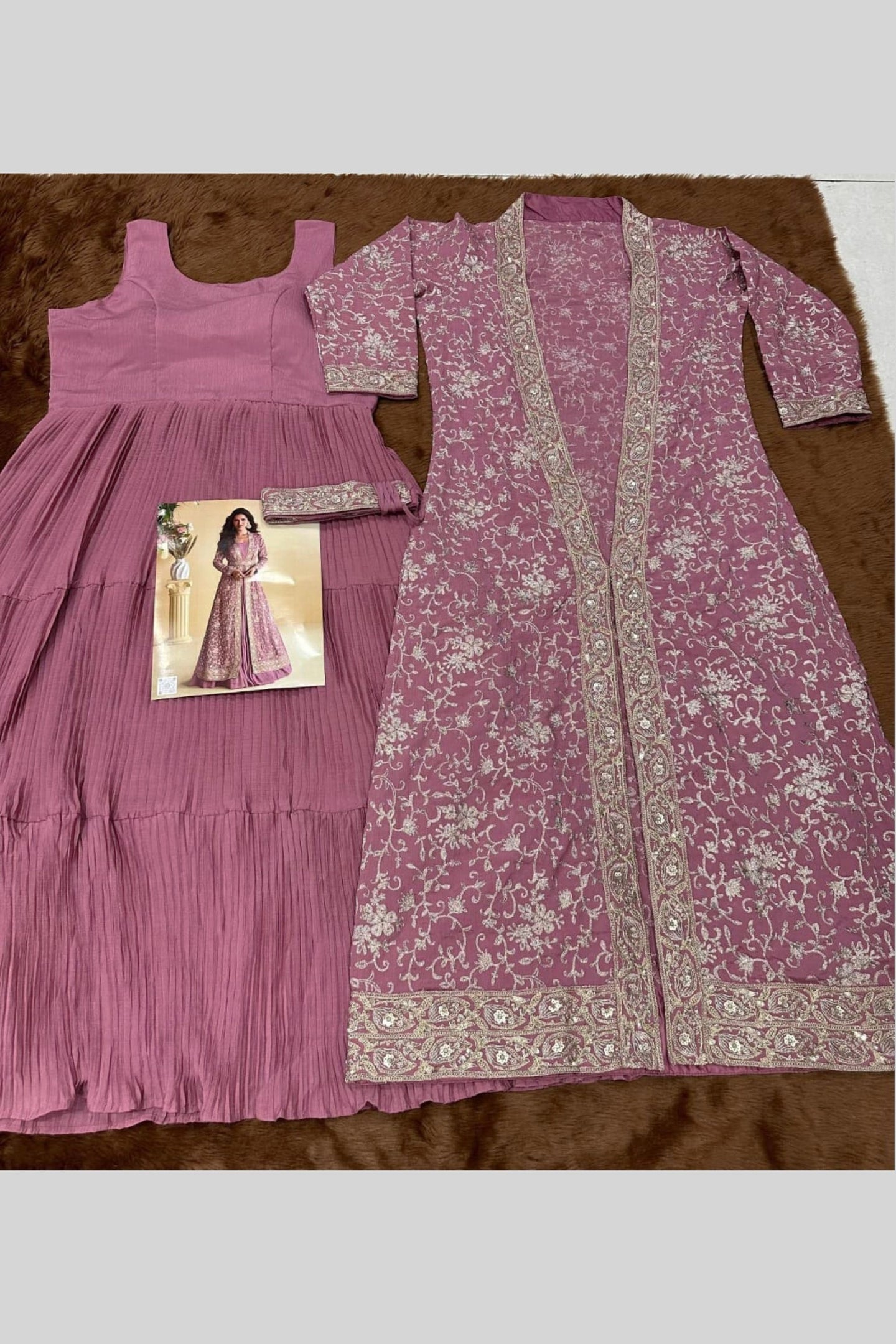 Mauve Chinon Silk Anarkali Wear with Jacket and Embroidery