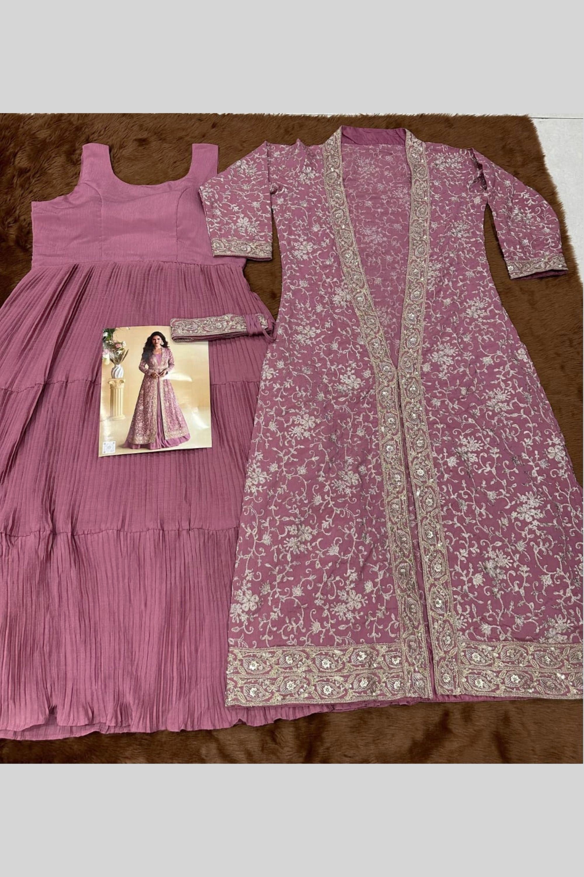 Mauve Chinon Silk Anarkali Wear with Jacket and Embroidery